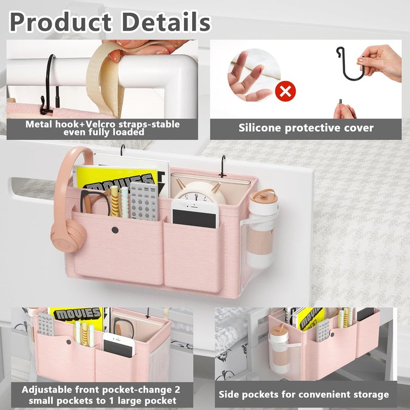 Edudif Bedside Caddy Bedside Organizer with Fixed Straps & Water Bottle Holder, Bunk Bed Caddy ideal for Home, Dorm, Hospital, Crib, Versatile Bedside Storage Solution (Pink) - Image 4